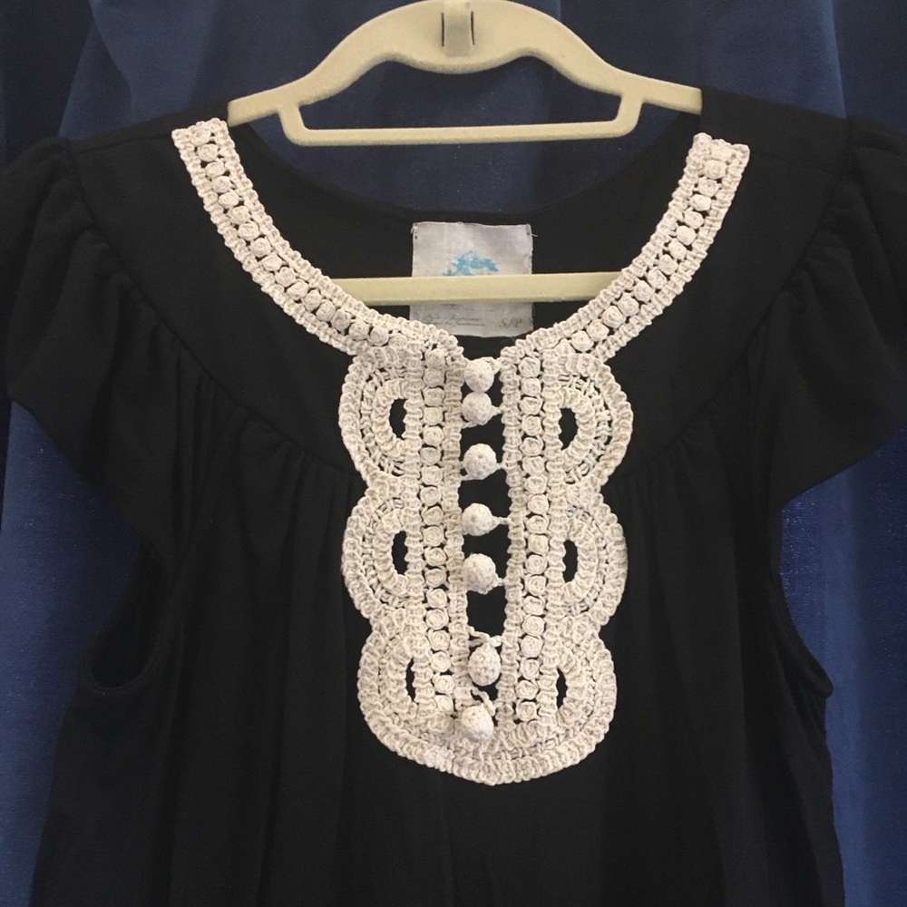 Anthropologie Black Top with Cream Crochet Bib